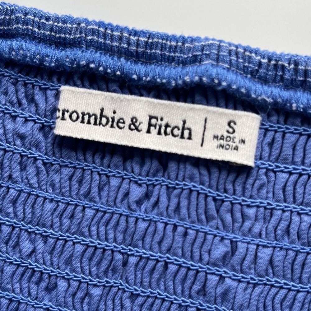 Abercrombie & Fitch Emerson Puff Sleeve Midi Dress Blue Pintstripe Womens Small - Picture 12 of 13